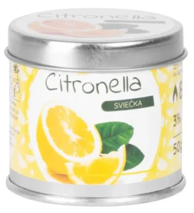 Repelentná sviečka Citronella v plechovej dóze – 50 g, citrusová vôňa, 8 hodín horenia